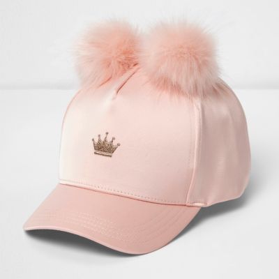 Girls pink pom pom crown cap